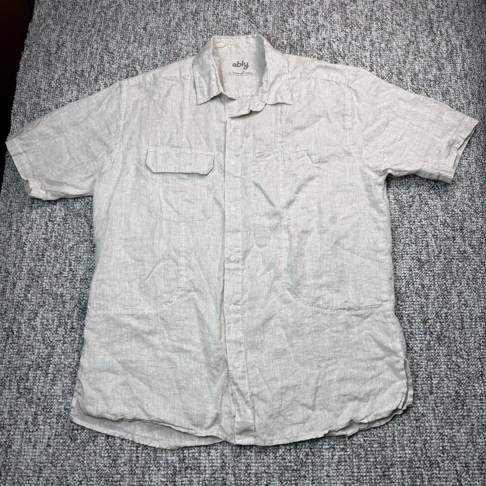 Ably Shirt Mens Large Filium Linen Button Up Short Sleeve Beige
